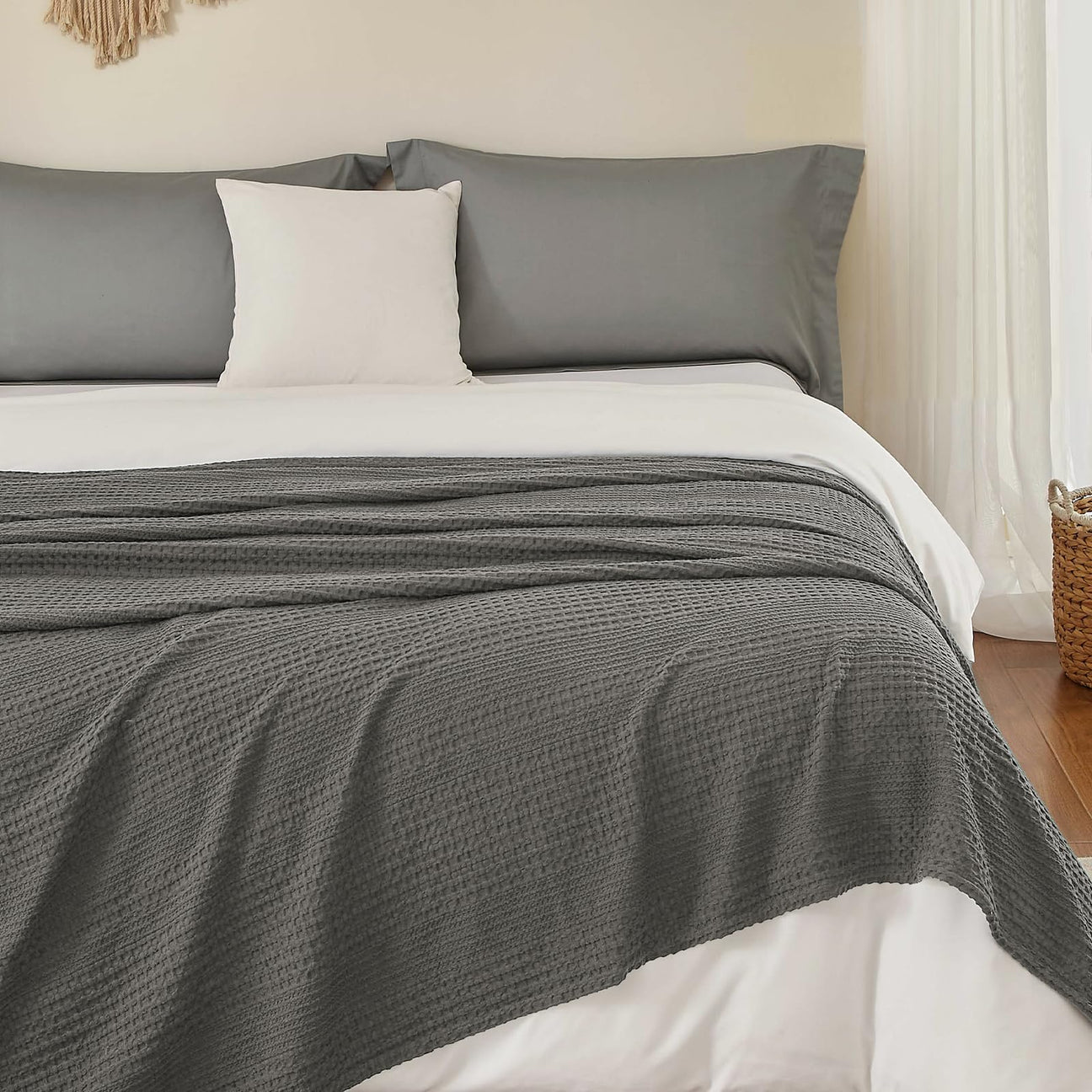 grey waffle weave blanket for bedroom