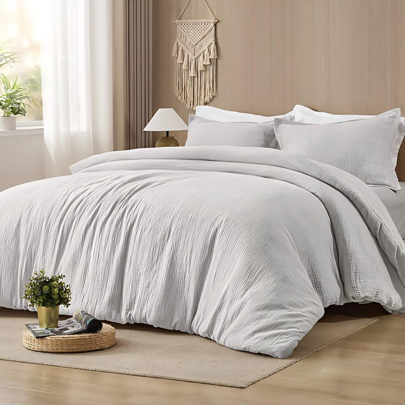 white 100% cotton duvet cover set on bed with natural light